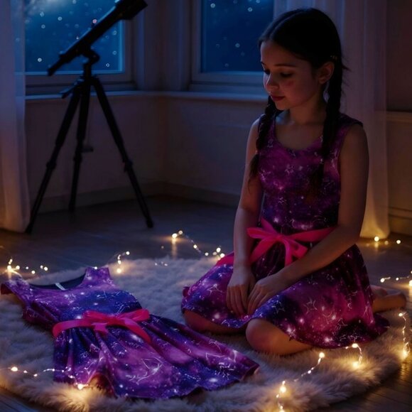 Girls Purple Celestial Print Dress ✦ Fabkids XL ✦ Pink Ribbon Belt ✦ Tulle Hem - Picture 5 of 6